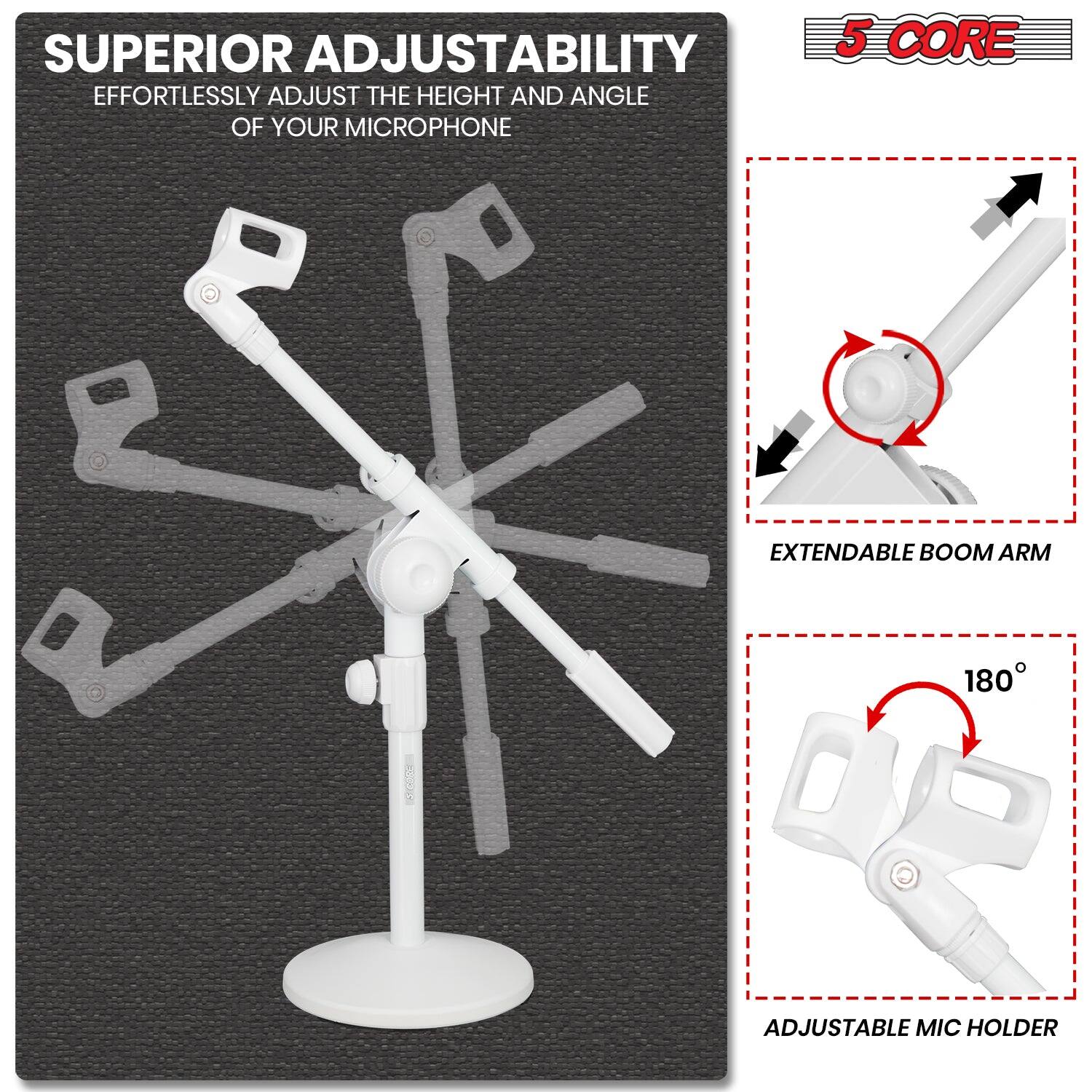 SUPERIOR ADJUSTABILITY: EFFORTLESSLY ADJUST THE HEIGHT AND ANGLE OF YOUR MICROPHONE. 5 CORE EXTENDABLE BOOM ARM, 180° ADJUSTABLE MIC HOLDER.