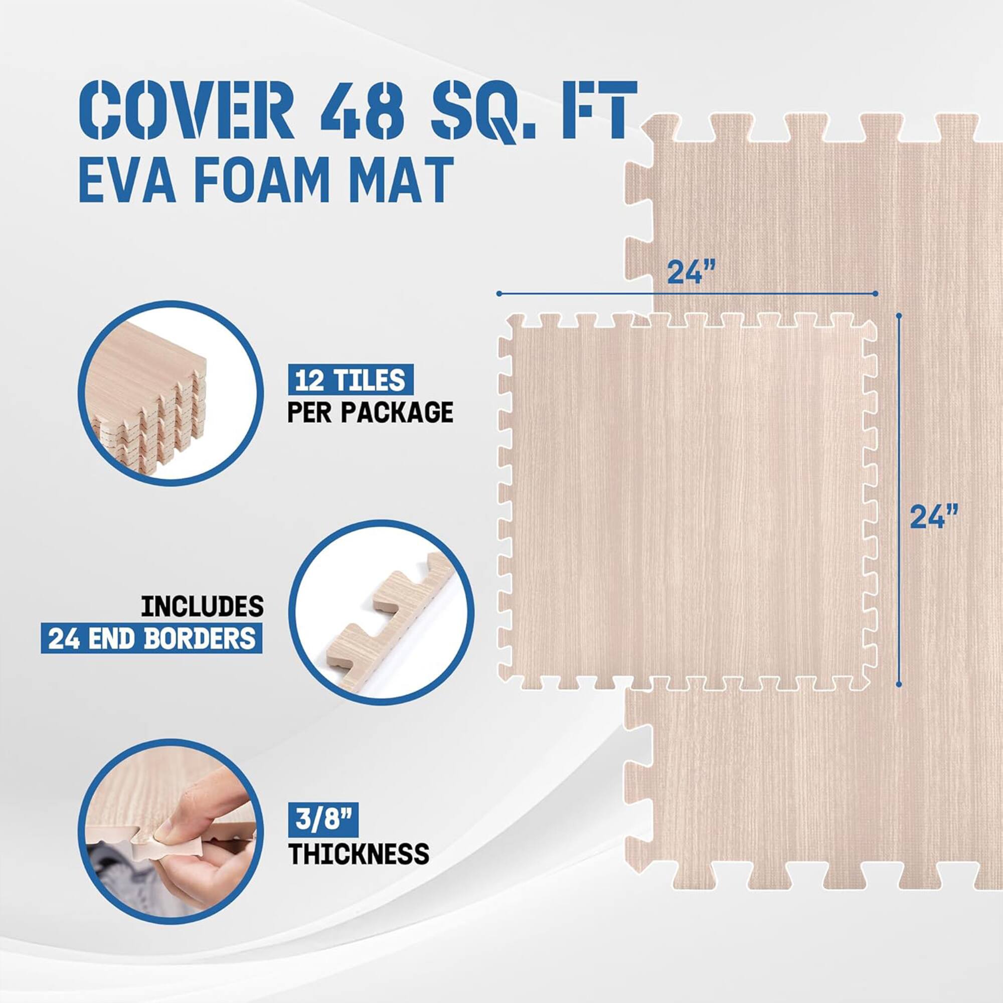 COVER 48 SQ. FT EVA FOAM MAT  
24" x 24"  
12 TILES PER PACKAGE  
INCLUDES 24 END BORDERS  
3/8" THICKNESS
