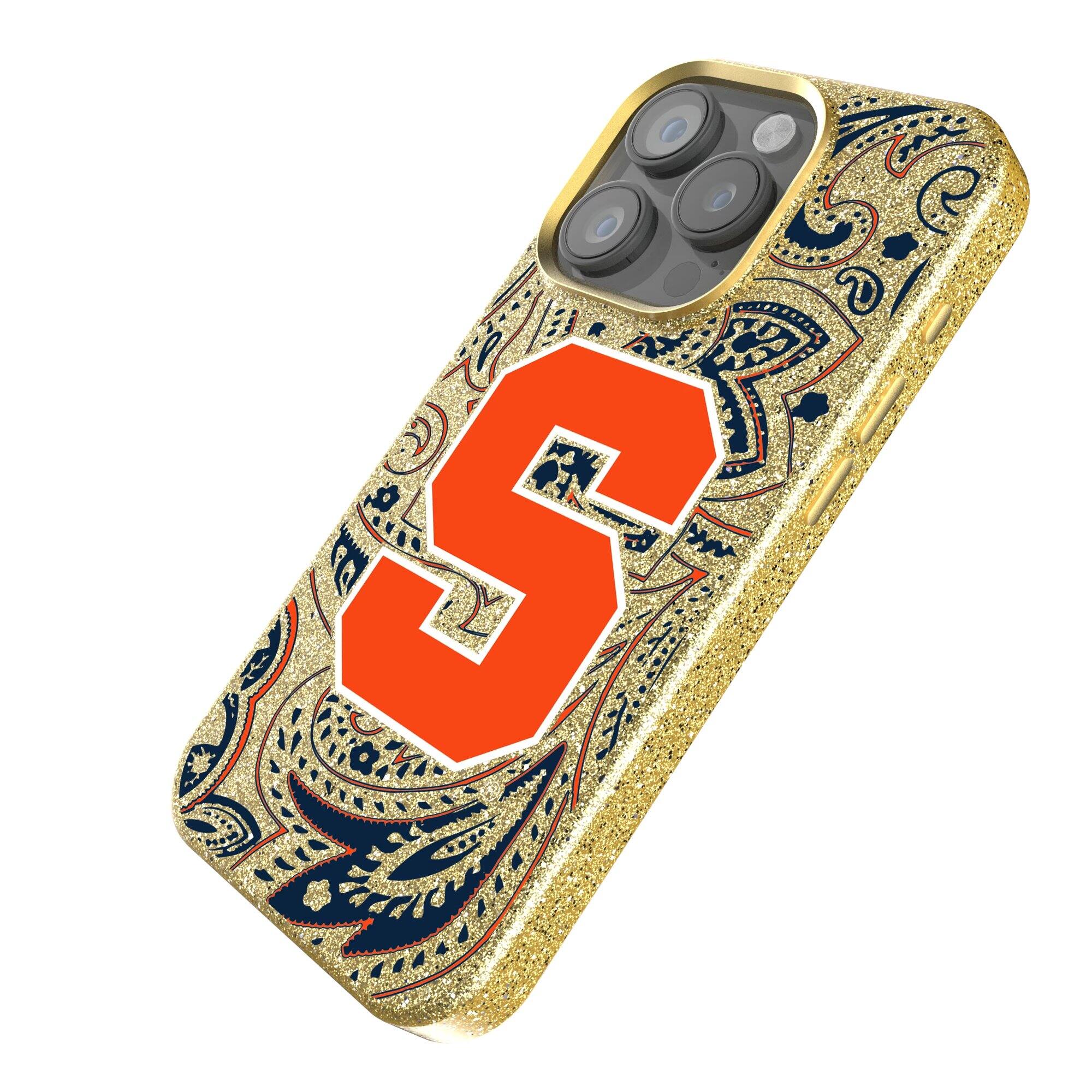 Alt View 1. Keyscaper - Syracuse Orange Paisley Bling iPhone Case - 16 Pro Max - Gold.