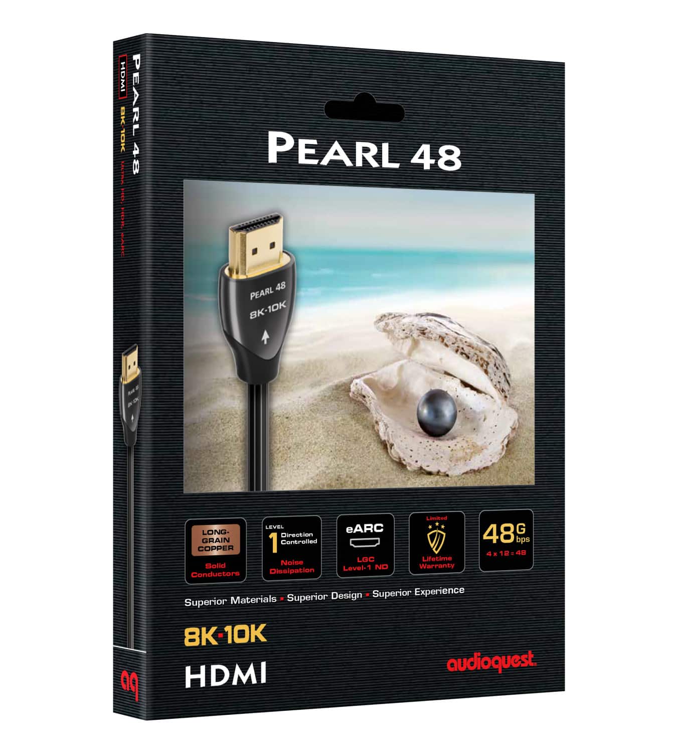 The text on the image reads: "PEARL 48 BK0K 10K HDMI - 99 Limited Edition LEVEL 1 100% Copper x 12:40 1 Centiretied bps Lifetime Noise Solid Level-1 ND Warranty Conductor Dissipation Design Superior Experience Superior Materials Superior 8K <10K HDMI audioquest."