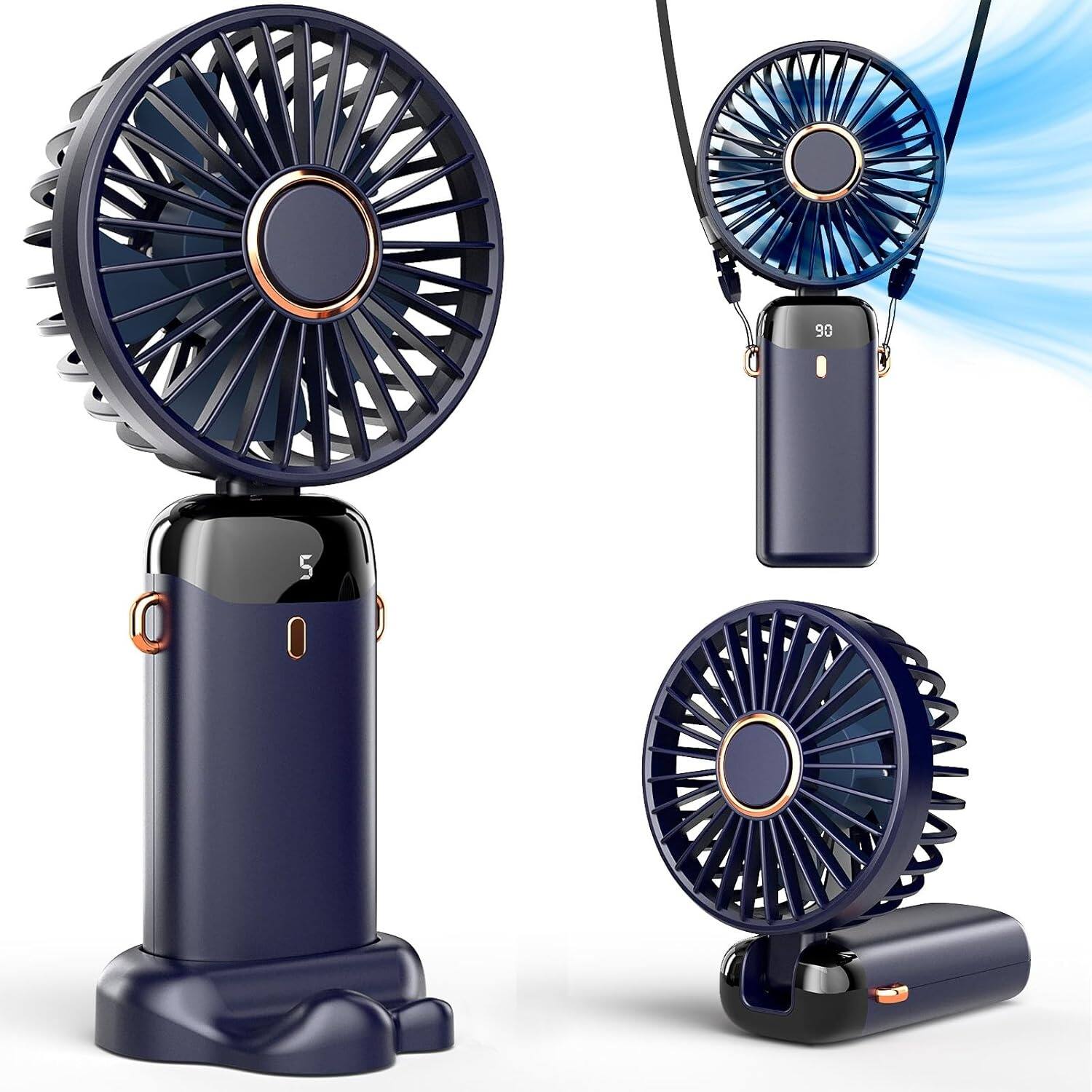PARKER SLATER - Portable Handheld Fan – Rechargeable, 5 Speeds, Digital Display - Deep Blue