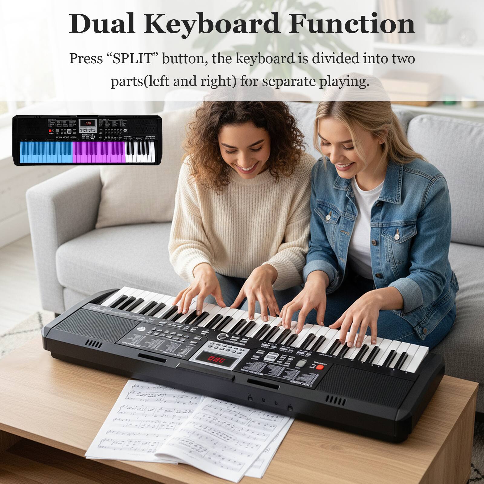 Dual Keyboard Function  
Press "SPLIT" button, the keyboard is divided into two parts (left and right) for separate playing.