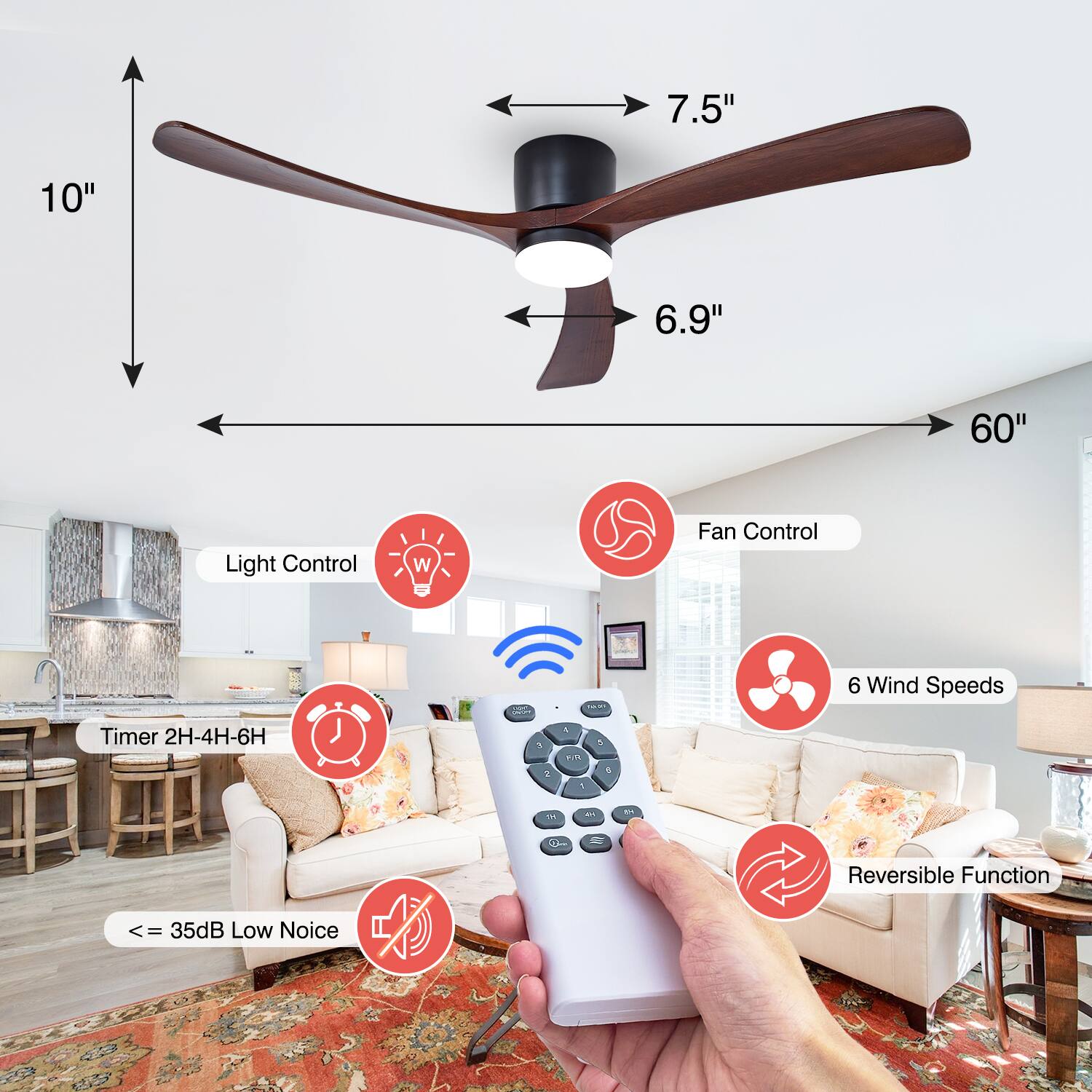 - 7.5" 10" 6.9" 60"
- Light Control
- Fan Control
- Timer 2H-4H-6H
- 6 Wind Speeds
- Reversible Function
- <= 35dB Low Noise
