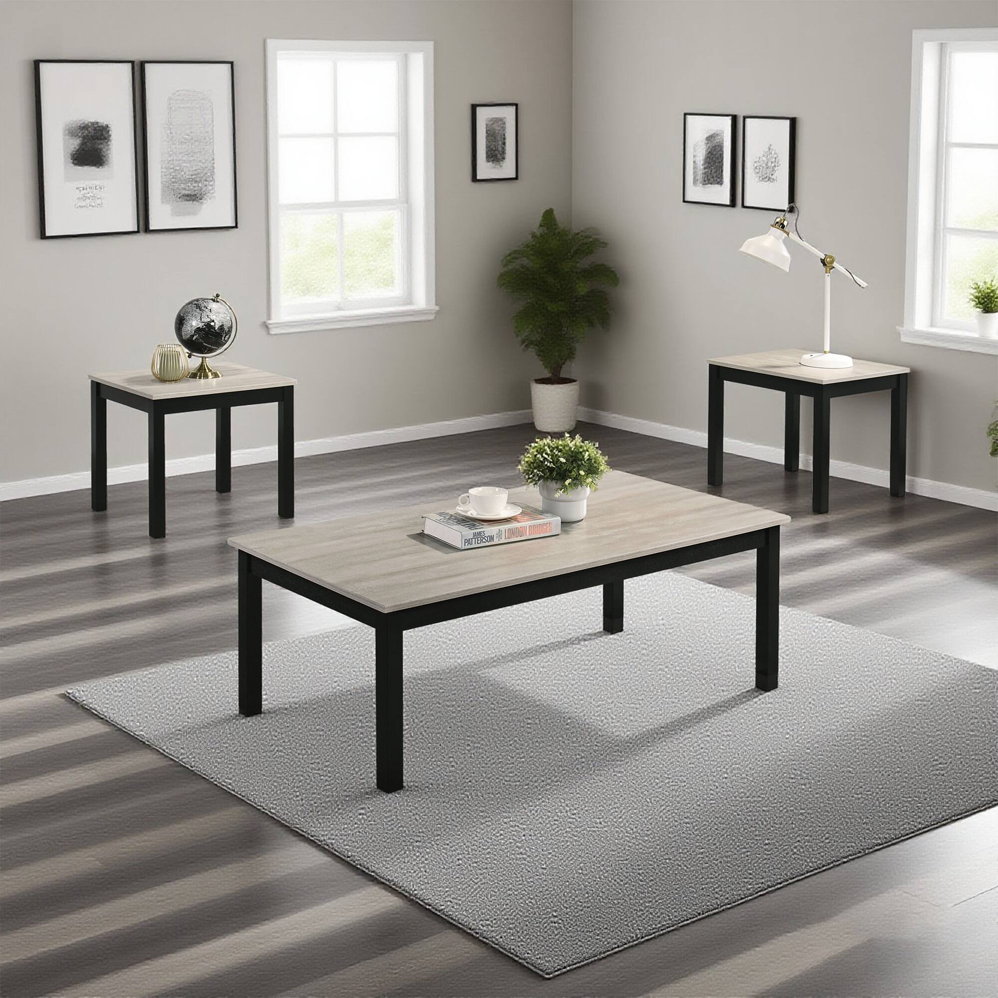 Angle. Vaczon - 3-Piece Coffee Table Set, 1 Coffee Table and 2 End Tables with Solid Wood Legs for Living Room - Light Gray.
