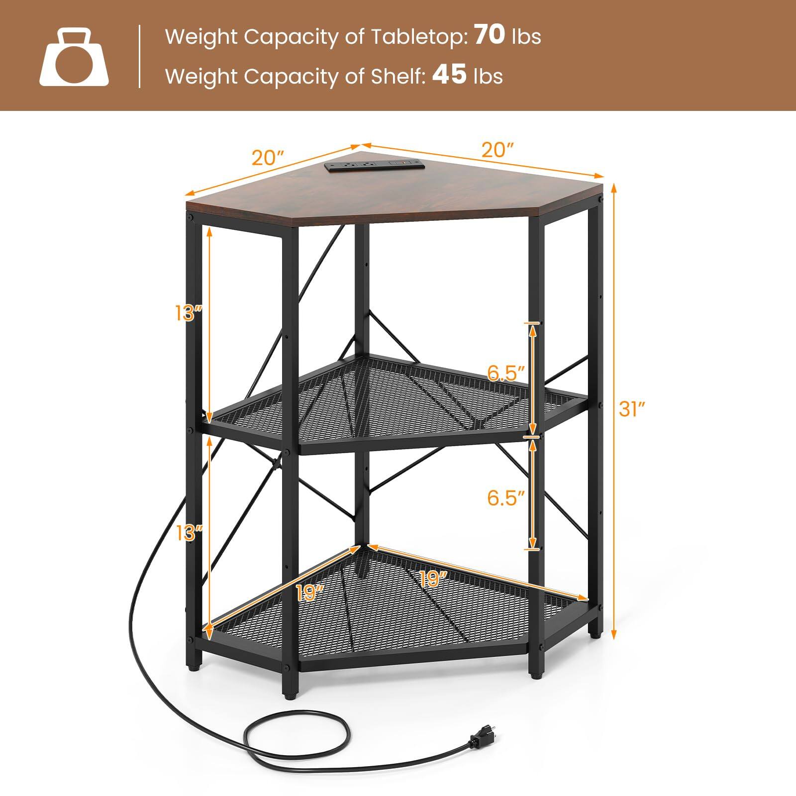 Weight Capacity of Tabletop: 70 lbs  
Weight Capacity of Shelf: 45 lbs  

20" x 20"  
13" x 6.5"  
31" x 6.5"  
19" x 19"