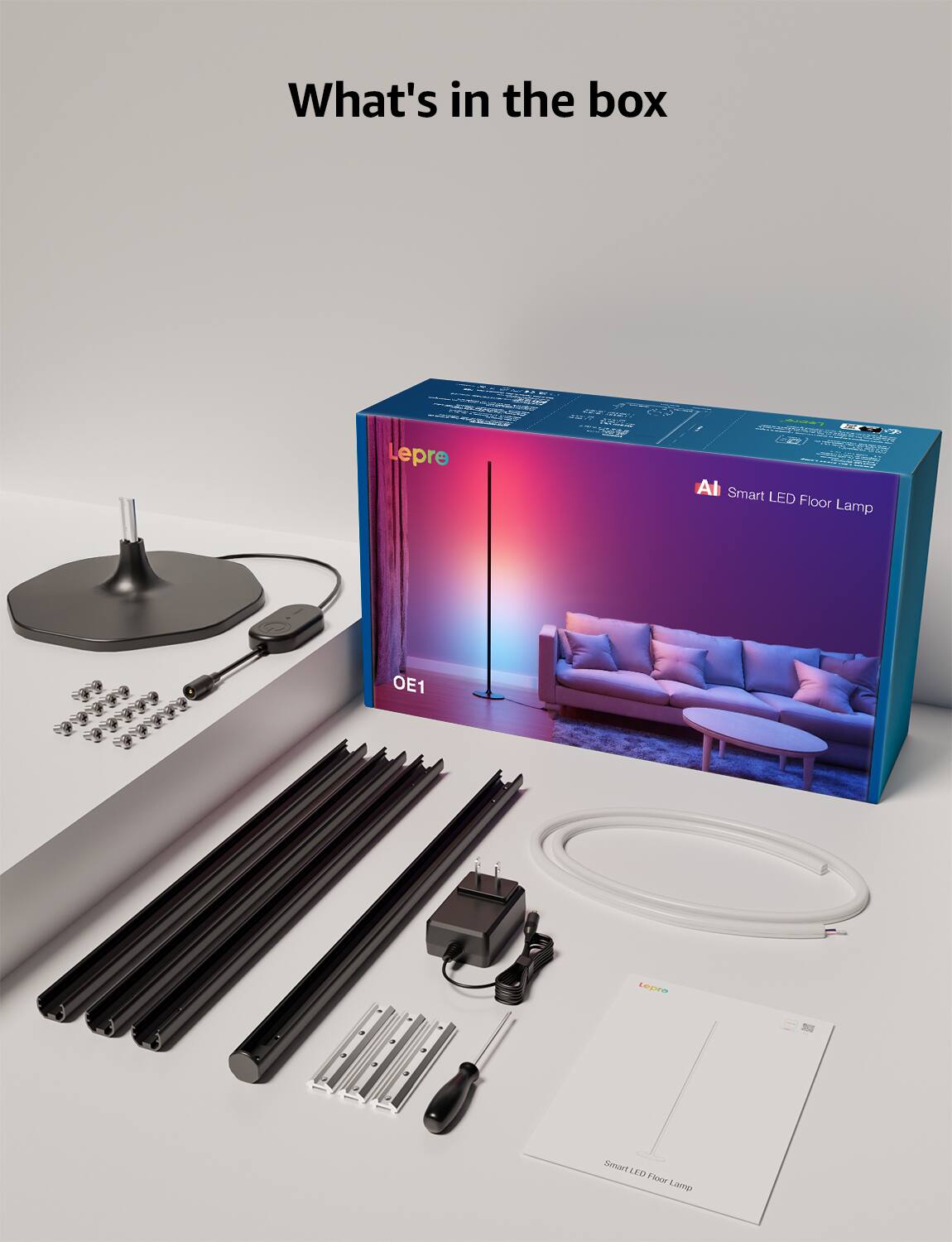 What's in the box

Lepre - LOC e C AMVY cora adidds DmY E M Al Smart LED Floor Lamp OE1 LeuO t 9 tumaet 210 FRoOr Lomp