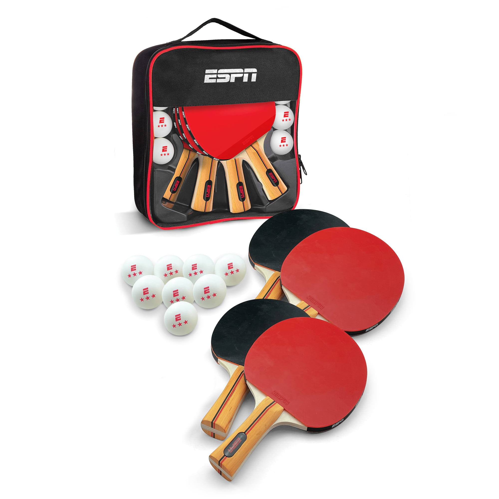 ESPN - Ping Pong Paddles (Set of 4) and 3 Star Ping Pong Balls (Set of 8) with Travel Case (ES-PP230) - Black