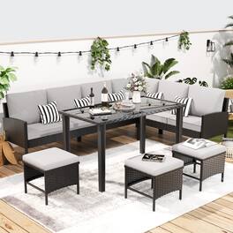 Mondawe - 7-Piece Outdoor Furniture Set With Waterproof Seat Cushion, Glass Table - Gray