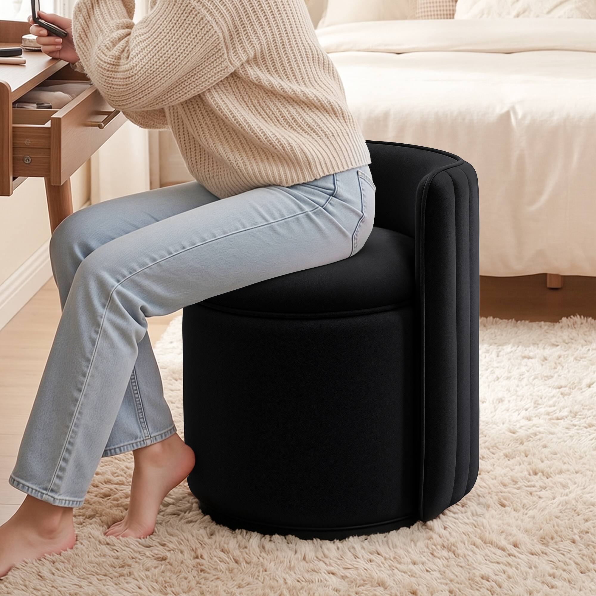 Alt View 1. Brick Attic - Vanity Chair with Storage, Swivel Velvet Makeup Stool with Wave Backrest,Round Upholstered Closet Stool - Black.