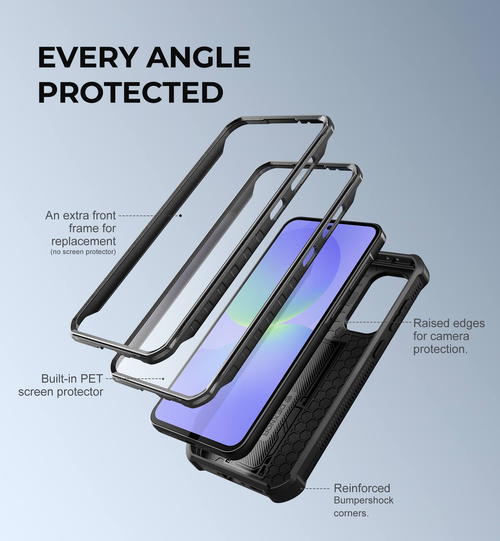 EVERY ANGLE PROTECTED

An extra front frame for replacement (no screen protector)
Built-in PET screen protector
Raised edges for camera protection
Reinforced Bumpershock corners