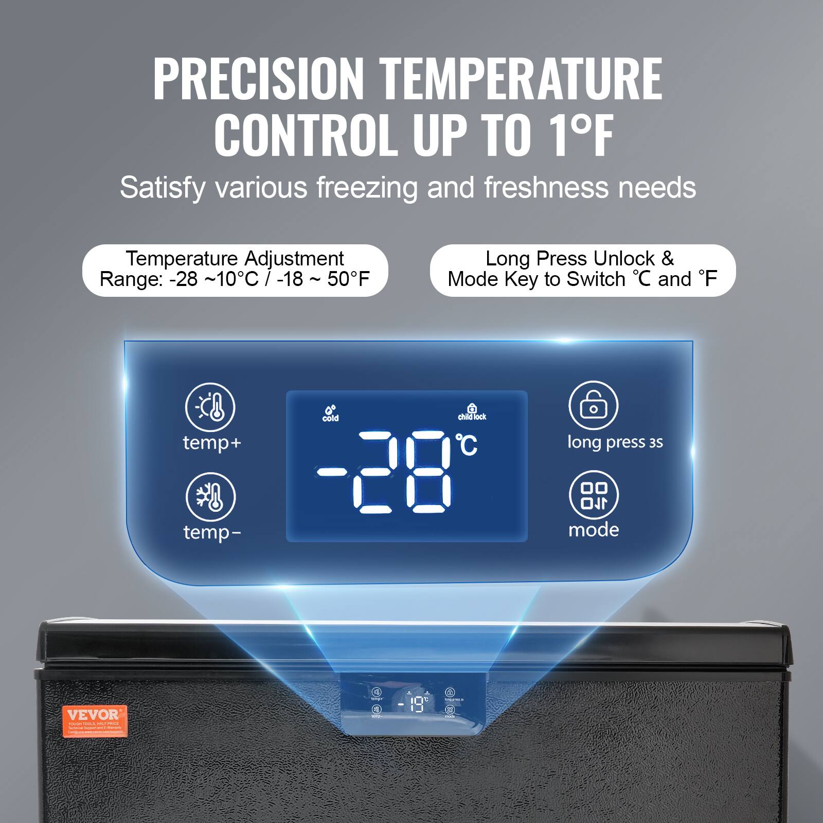 PRECISION TEMPERATURE CONTROL UP TO 1°F

Satisfy various freezing and freshness needs

Temperature Adjustment Range: -28 ~ 10°C / -18 ~ 50°F

Long Press Unlock & Mode Key to Switch °C and °F

- temp+
- temp-
- cold
- childLock
- long press 3s
- mode

VEVOR