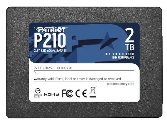 PATRIOT P210 2.5" SSD 6Gb/s SATA III
P210S2TB25
PE000720
2 TB
HIGH PERFORMANCE
Warranty void if seal, label or cover is damaged or removed.
patriotmemory.com
ROHS
D36204
FC CE