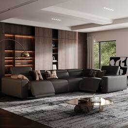 POVISON - 141.14" Power Corner Sofa L-shaped Electric Reclining Couch, 2 Extendable Recliners, USB Charging, Living Room,Khaki - Black Sustainable Leather
