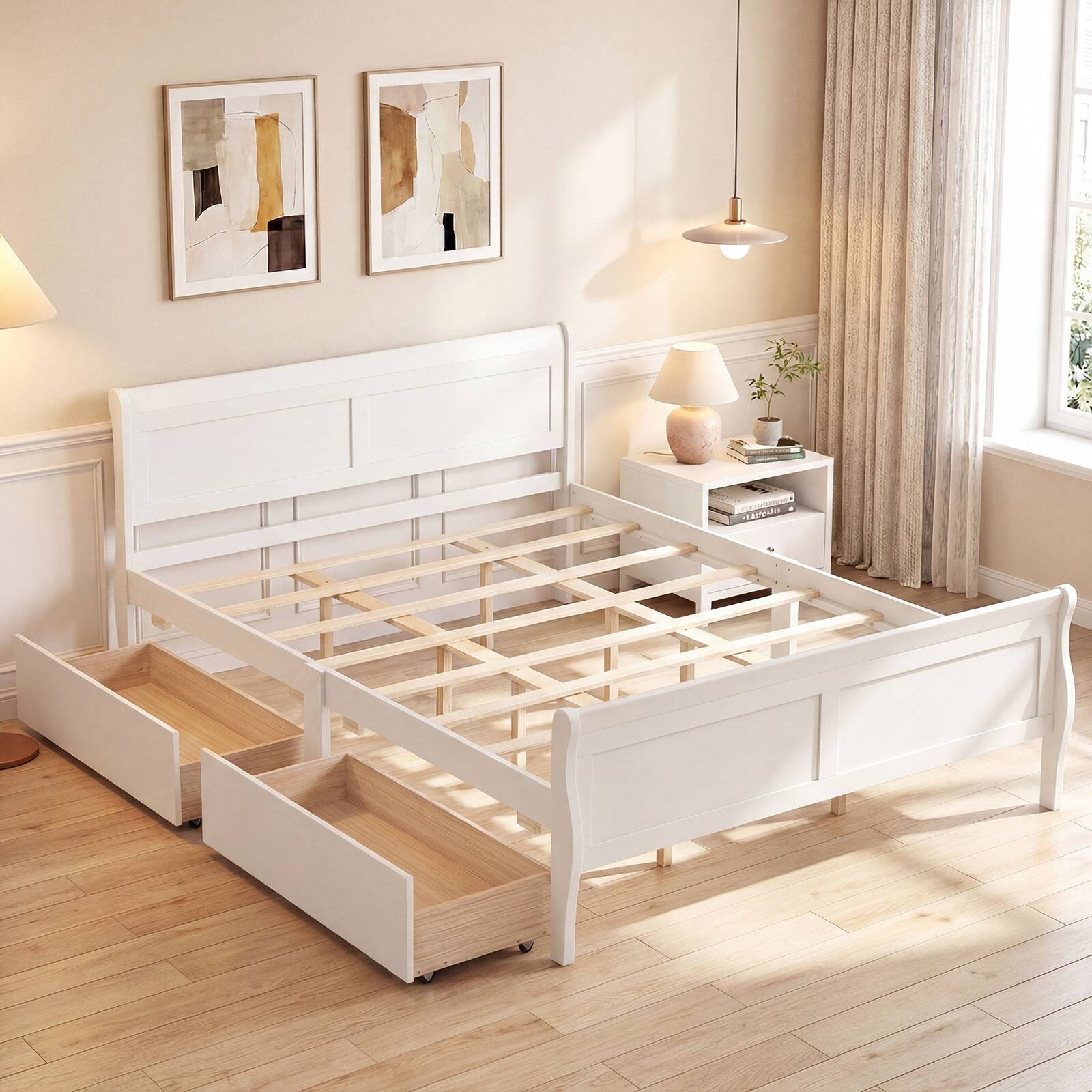 Alt View 5. Costway - Costway Queen Size Bed Frame with Storage Drawers, Wood Platform Bed with Headboard Footboard - White.