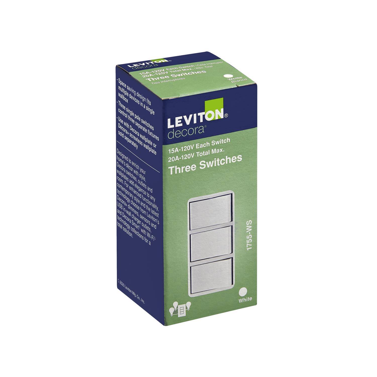 LEVITON  
decora  
15A-120V Each Switch  
20A-120V Total Max.  
Three Switches  

Space-saving design fits multiple devices in a single wallplate  
Three control switches in a single wallplate  
Use with free-standing switches or wallplate or separate wallplate  
Decorate with Decorora wallplate or separate wallplate  

Designed to enrich your home with style and functionality, the Decorora switches offer a sleek, modern look that complements any room. Choose from a variety of finishes to match your decor.  

LEVITON Decorora switches are part of Leviton's Smart Home Solutions, integrating seamlessly with smart home systems for a total home control experience.  

1755-WS  
White  

2021 Leviton Industries Co. Inc.