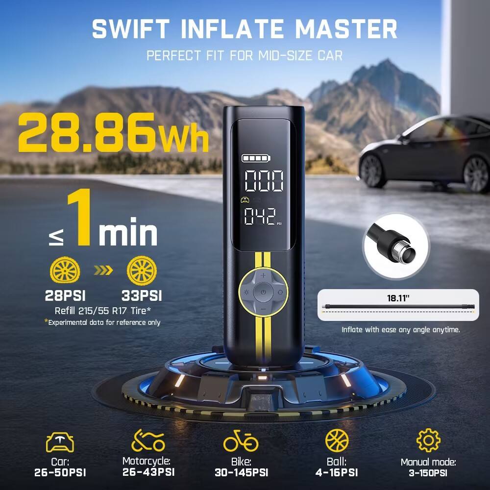 SWIFT INFLATE MASTER PERFECT FIT FOR MID-SIZE CAR 28.86Wh 000 1 042. P  min >> + 28PSI 33PSI Refill 215/55 R17 Tire* *Experimental data for reference only ( O 18.11" Inflate with 9209 ony angle anytime. Cor: 26-50PSI Motorcycle: 26-43PSI Bike: 30-145PSI Ball: 4-16PSI Manual mode: 3-150PSI