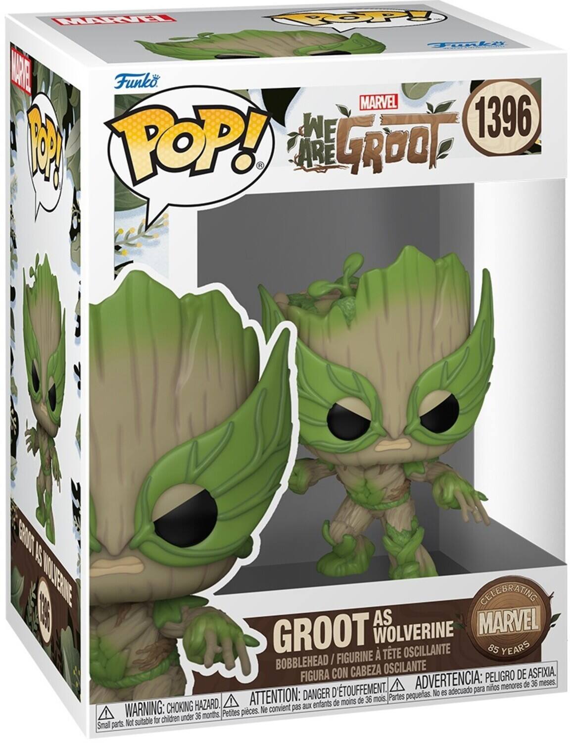 MARVEL, POP!, GROOT, 1396, GROOT AS WOLVERINE, CELEBRATING 85 YEARS, BOBBLEHEAD, FIGURINE, TTE OSCILLANTE, CON CABEZA OSCILANTE, DE ASFIXIA, FIGURA, ADVERTENCIA: PELIGRO DE AFIXA, menores de 36 meses, adecuado para ninos, ATTENTION: DANGER D, Partes pequeas, No es de moins de 36 mois, CHOKING HAZARD, WARNING: CHOKING HAZARD, Small parts: Not suitable for children, Petites pieces. Ne convient pas aux enfants