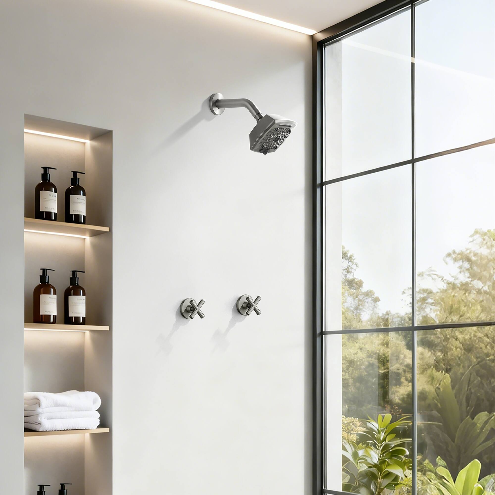 Alt View 1. Boyel Living - Brushed Nickel Shower Set Brass SUS304 Dual Handle 5-Function ABS Top Spray 1/2NPT - Silver.