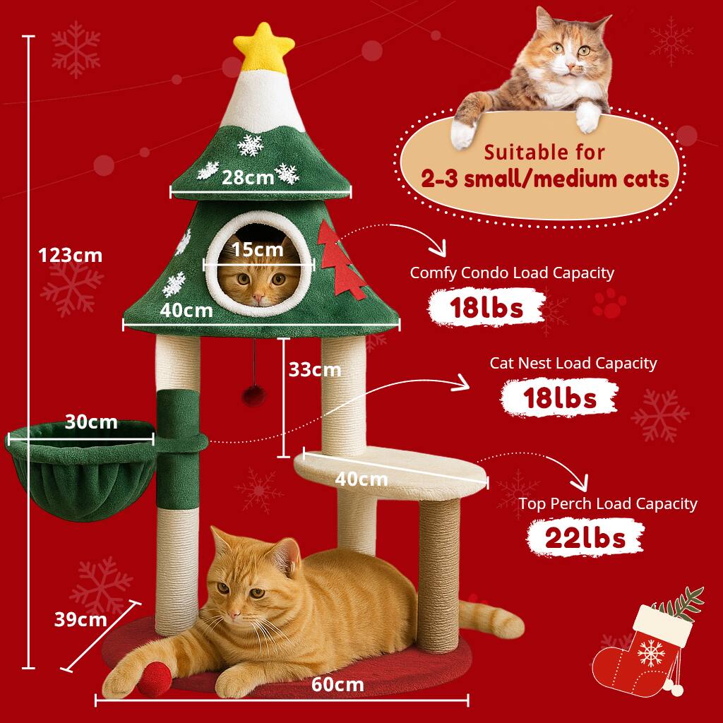 - Suitable for 2-3 small/medium cats
- Comfy Condo Load Capacity: 18lbs
- Cat Nest Load Capacity: 18lbs
- Top Perch Load Capacity: 22lbs
- Dimensions:
  - Height: 123cm
  - Base: 60cm x 39cm
  - Top Perch: 40cm diameter
  - Cat Nest: 30cm diameter
  - Comfy Condo: 15cm diameter
  - Christmas Tree Top: 28cm diameter