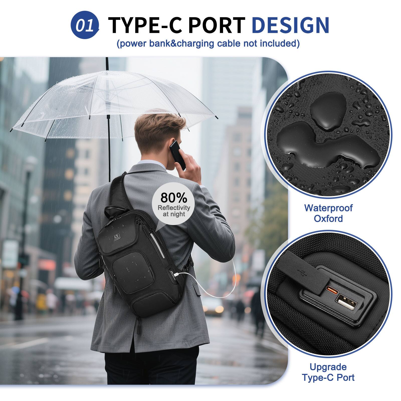 01 TYPE-C PORT DESIGN  
(power bank & charging cable not included)  

- 80% Reflectivity at night  
- Waterproof Oxford  
- Upgrade Type-C Port