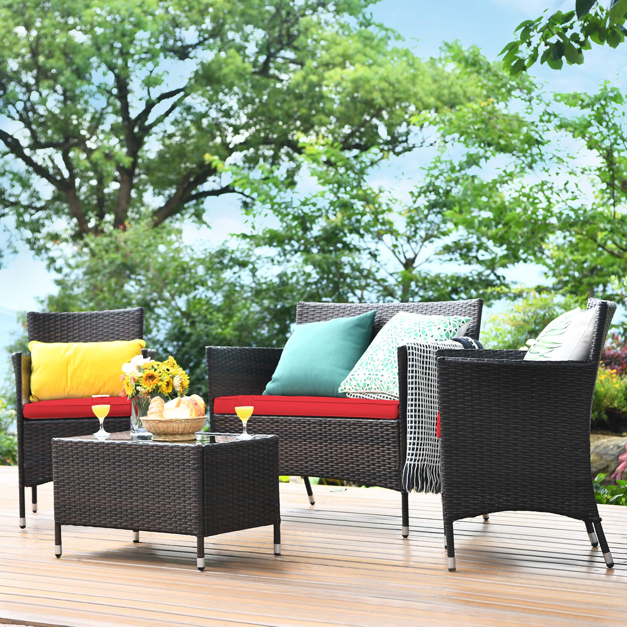 Gymax - 4PCS Patio Rattan Conversation Furniture Set Outdoor w/ Cushion - Red