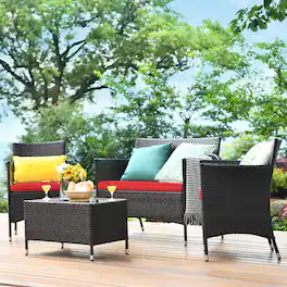 Gymax - 4PCS Patio Rattan Conversation Furniture Set Outdoor w/ Cushion - Red