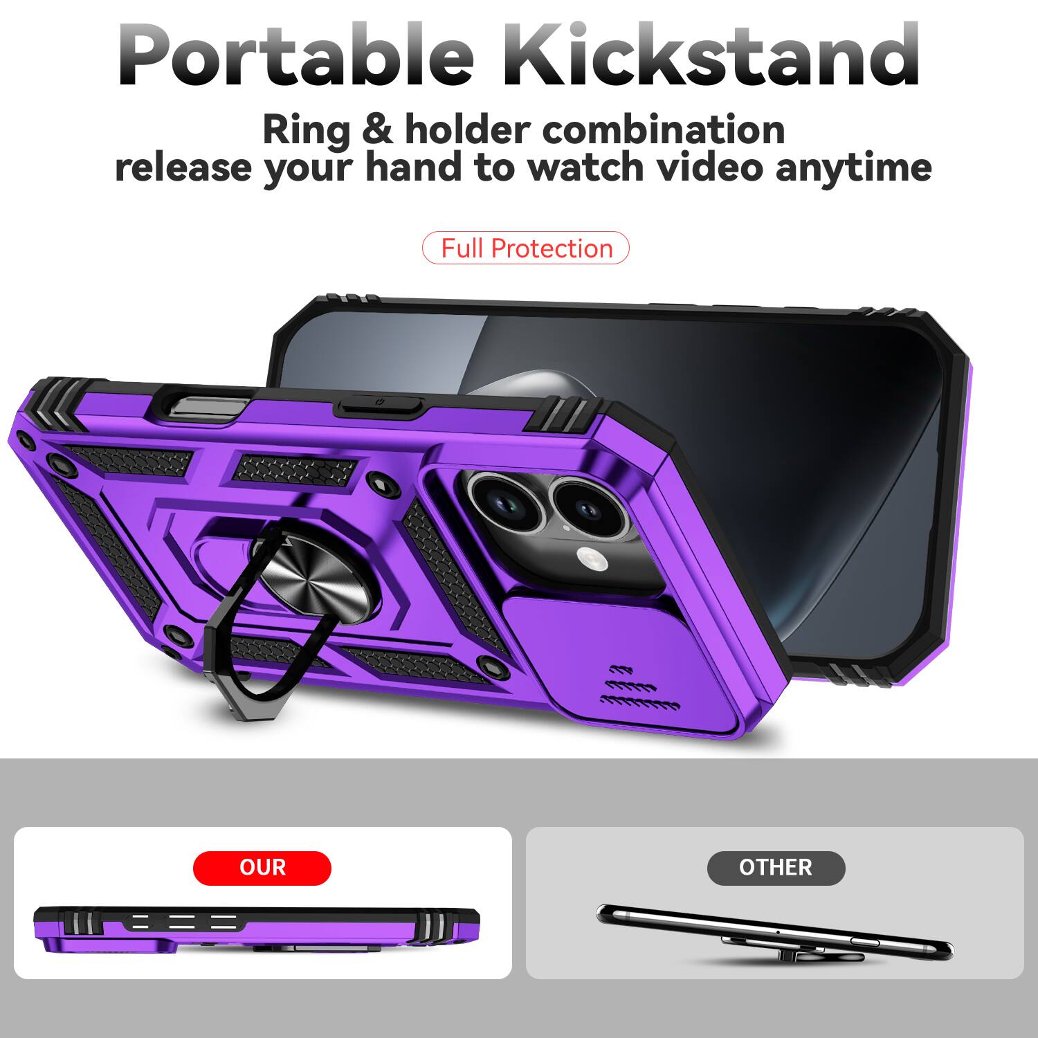 Portable Kickstand  
Ring & holder combination release your hand to watch video anytime  
Full Protection  

OUR OTHER