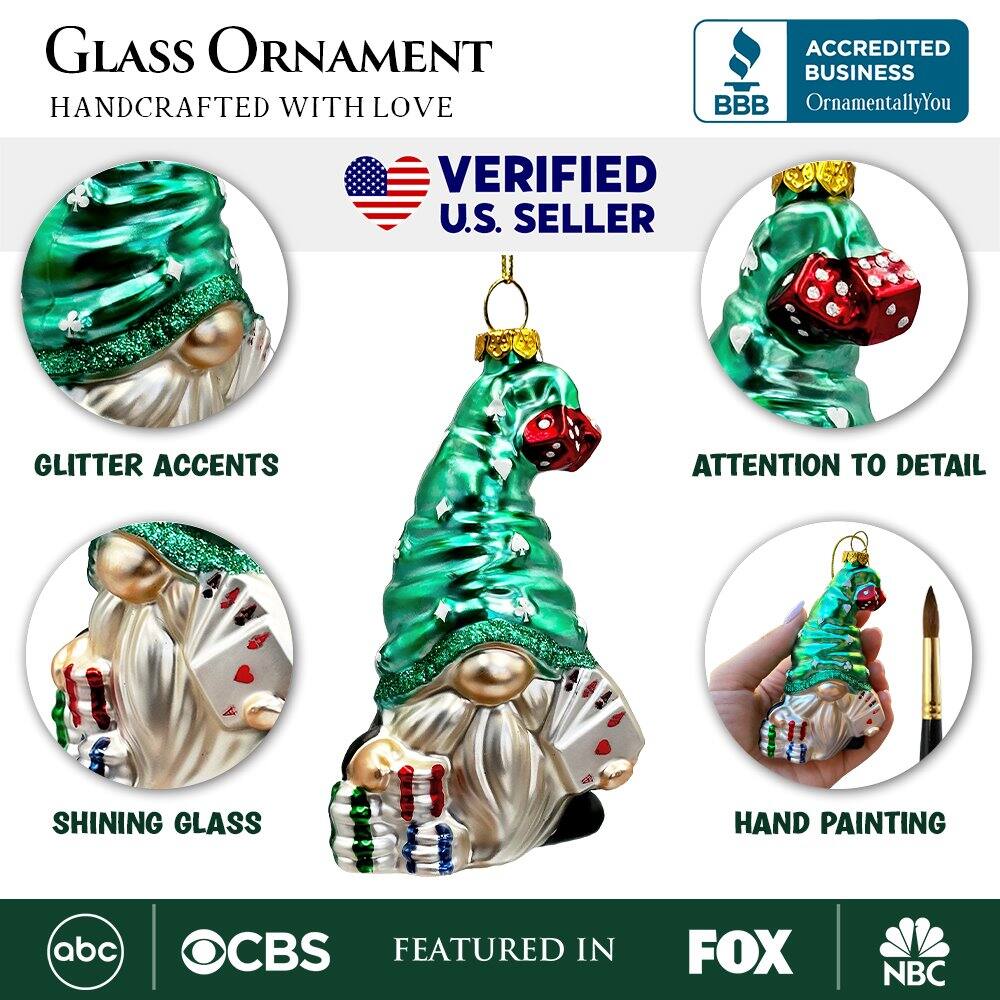 **GLASS ORNAMENT**  
HANDCRAFTED WITH LOVE  

**VERIFIED U.S. SELLER**  

- GLITTER ACCENTS  
- ATTENTION TO DETAIL  
- SHINING GLASS  
- HAND PAINTING  

**ACCREDITED BUSINESS**  
OrnamentallyYou  

**FEATURED IN**  
abc | CBS | FOX | NBC