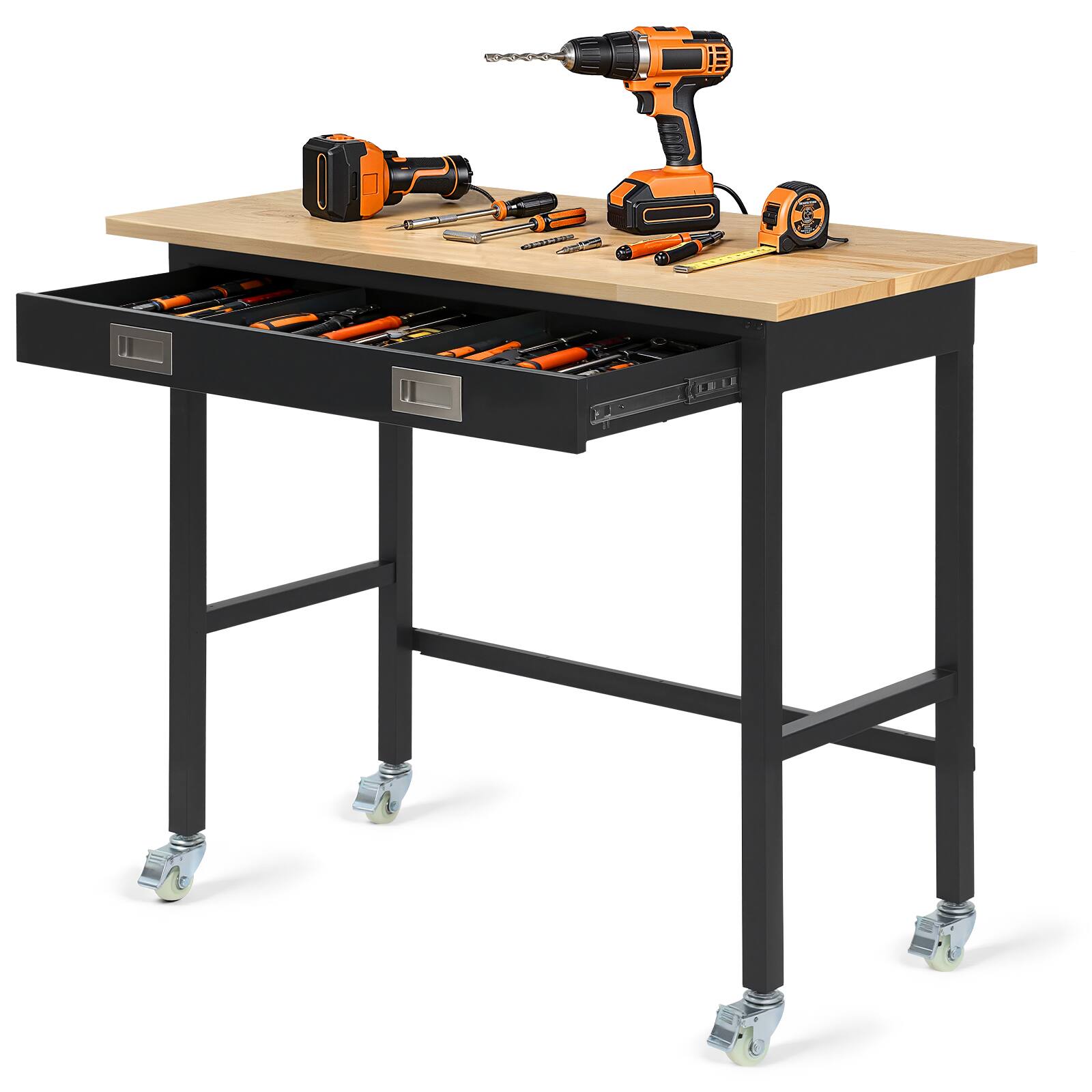 Front. VEVOR - 48-inch Workbench, 1500 lbs Load Capacity, Garage Workbench with Drawer Storage & Wheels, Workshop Bench on Wheels - Beige + Black.