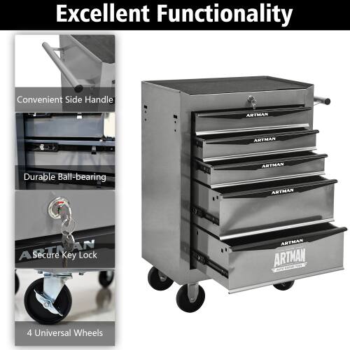 Excellent Functionality

- Convenient Side Handle
- Durable Ball-bearing
- Secure Key Lock
- 4 Universal Wheels