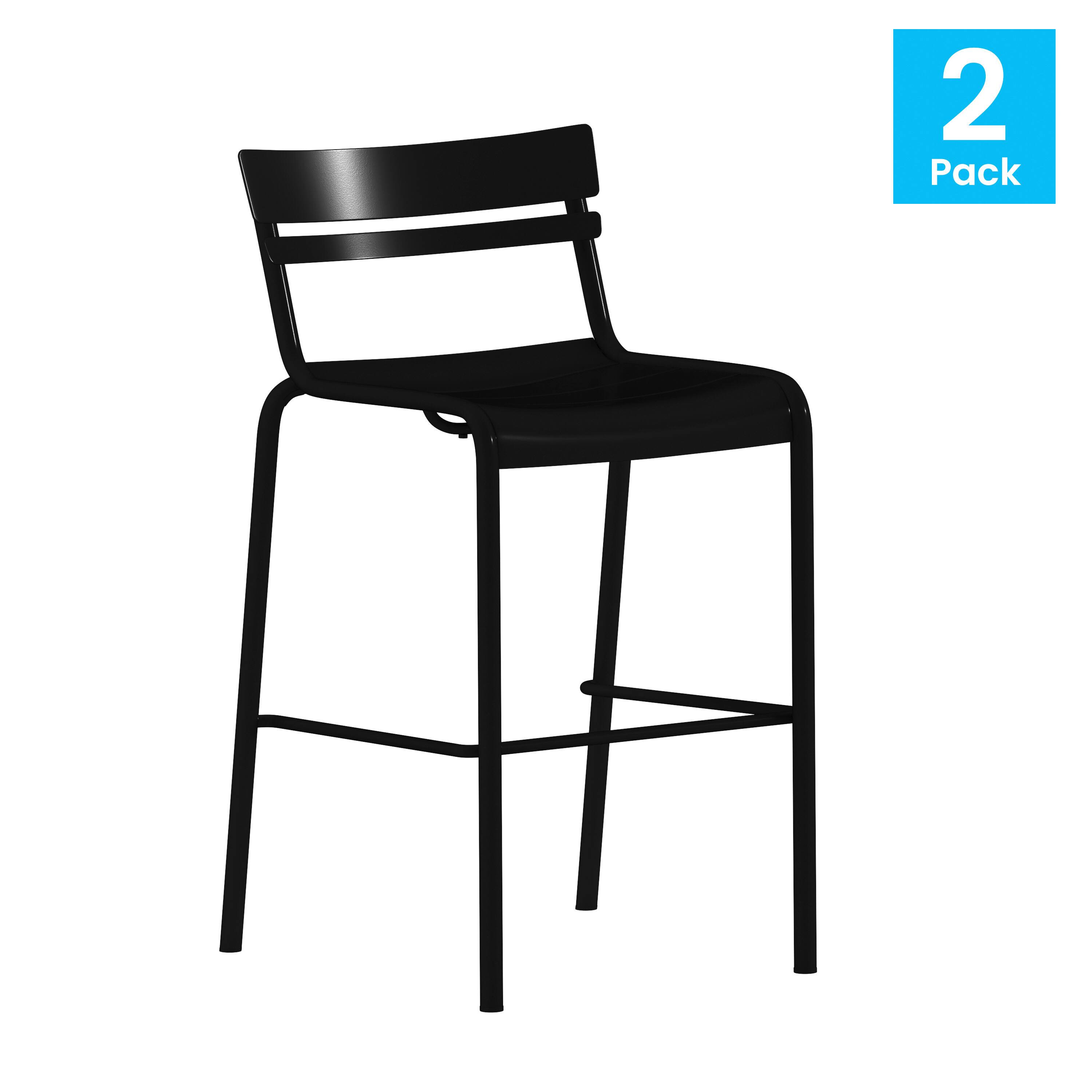 Alt View 2. Emma + Oliver - Rennes Armless Powder Coated Steel Stool with 2 Slat Back for Indoor-Outdoor Use - Black.