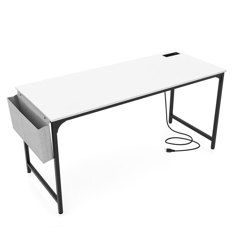 Alt View 5. WELLFOR - 60"  Computer Desk with Charging Station & Storage Bag, Study & Gaming Desk with Metal Frame for Home Office - White.