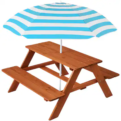 Front. Best Choice Products - Best Choice Products Outdoor Wooden Kids Picnic Table with Umbrella, Activity Table, 220 lb Capacity - Golden Brown/Aqua - Golden Brown/Aqua.
