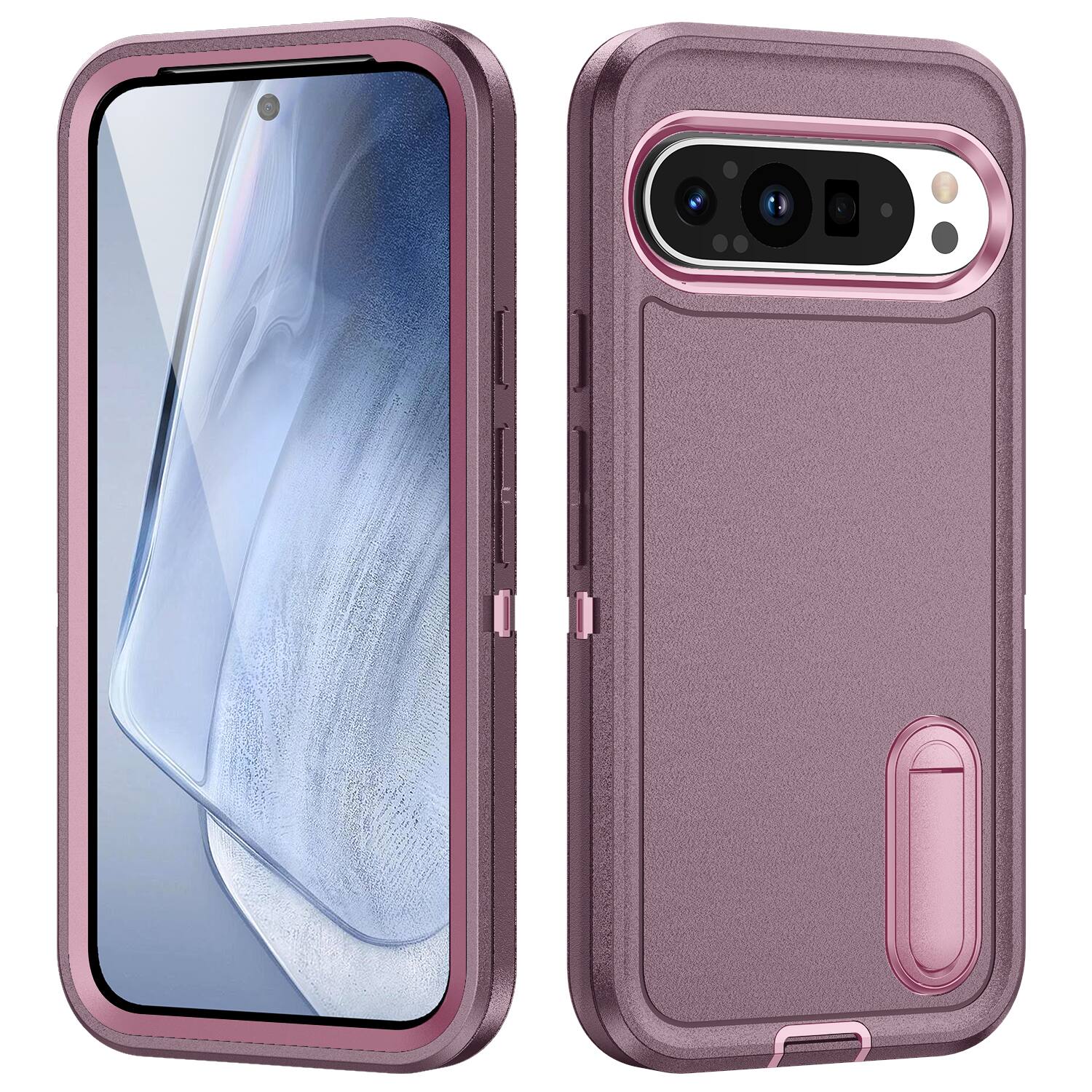 Front. Dteck - Heavy Duty Case for Google Pixel 9 Pro XL w/ Foldable Kickstand,Dual-Layer Shockproof Hard PC Soft Silicone Cover - Purple/Pink.
