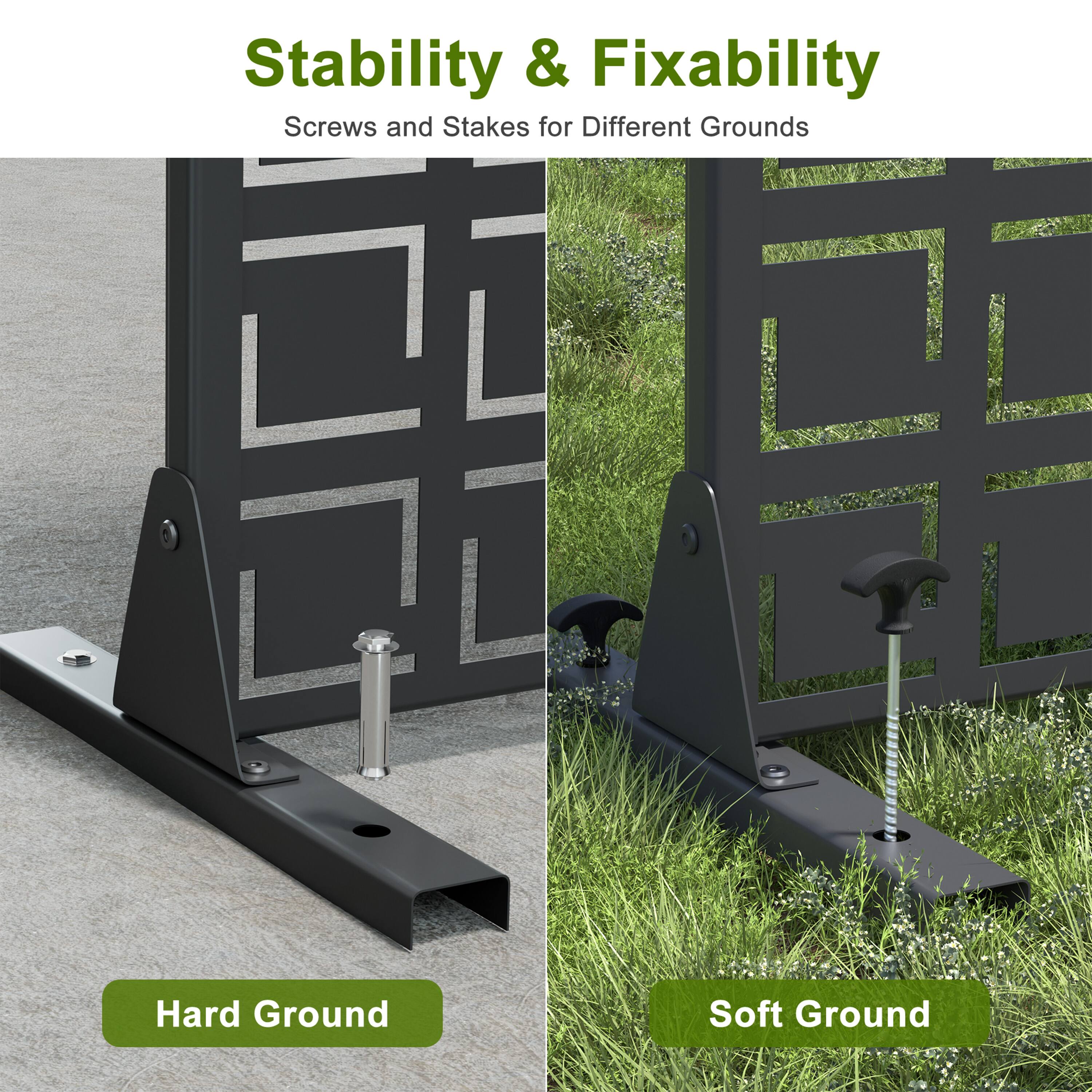 Stability & Fixability  
Screws and Stakes for Different Grounds  

Hard Ground  
Soft Ground