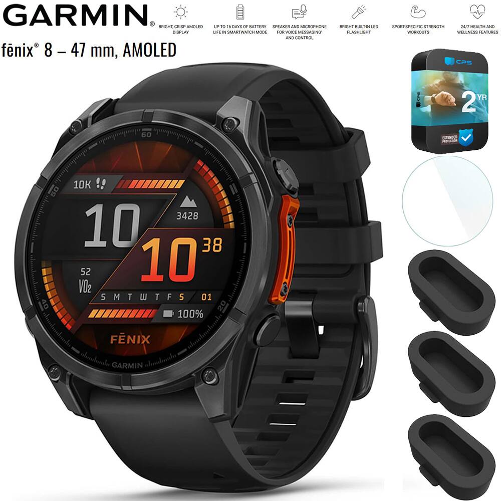 GARMIN  
fénix® 8 - 47 mm, AMOLED  
UP TO 16 DAYS OF BATTERY LIFE IN SMARTWATCH MODE  
SPEAKER AND MICROPHONE FOR VOICE MESSAGING AND CONTROL  
BRIGHT BUILT-IN LED FLASHLIGHT  
SPORT-SPECIFIC STRENGTH WORKOUTS  
24/7 HEALTH AND WELLNESS FEATURES  
CPS 2 YR EXTENDED WARRANTY  
10K WATER RESISTANT  
VO2 MAX  
SMTWTFS 01 20 100%  
FÉNIX