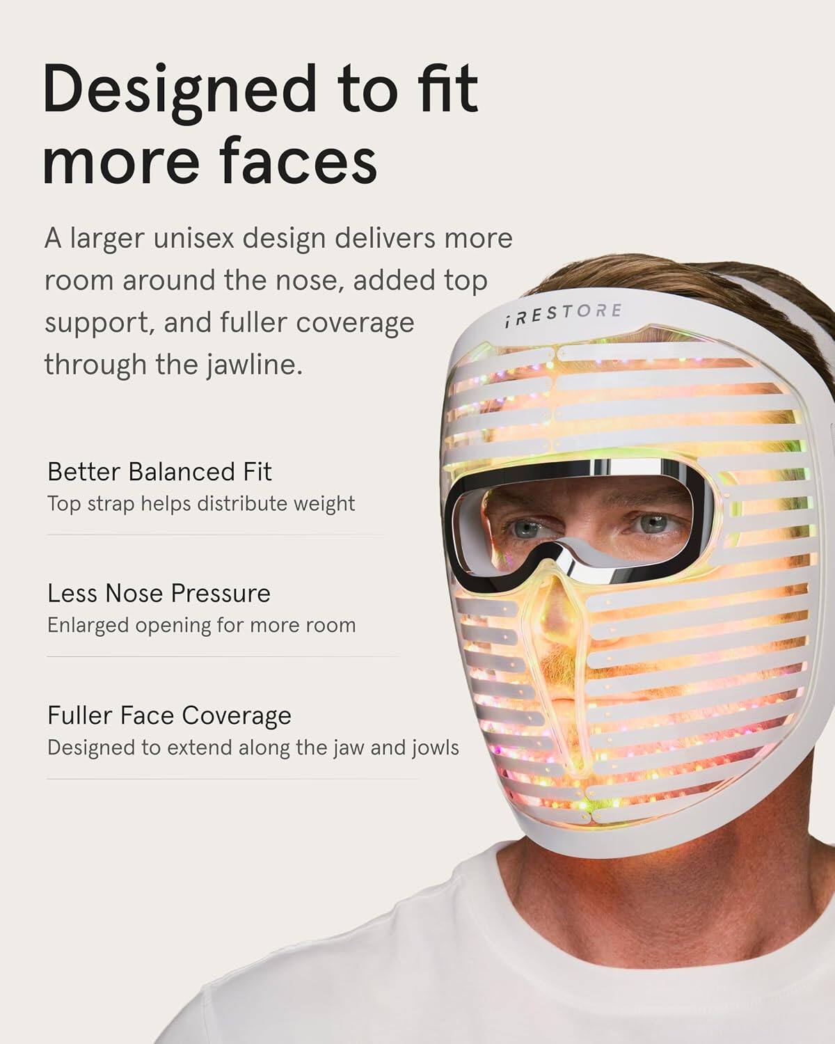 Designed to fit more faces

A larger unisex design delivers more room around the nose, added top support, and fuller coverage through the jawline.

Better Balanced Fit
Top strap helps distribute weight

Less Nose Pressure
Enlarged opening for more room

Fuller Face Coverage
Designed to extend along the jaw and jowls