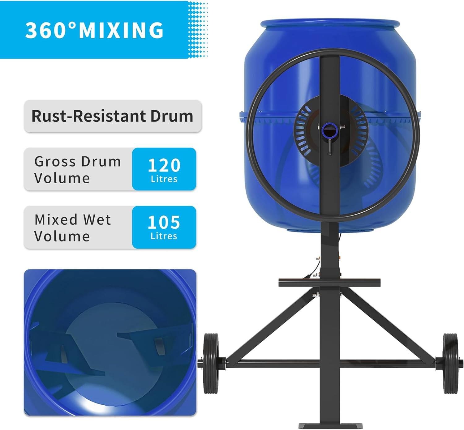 360° MIXING

Rust-Resistant Drum

Gross Drum Volume
120 Litres

Mixed Wet Volume
105 Litres
