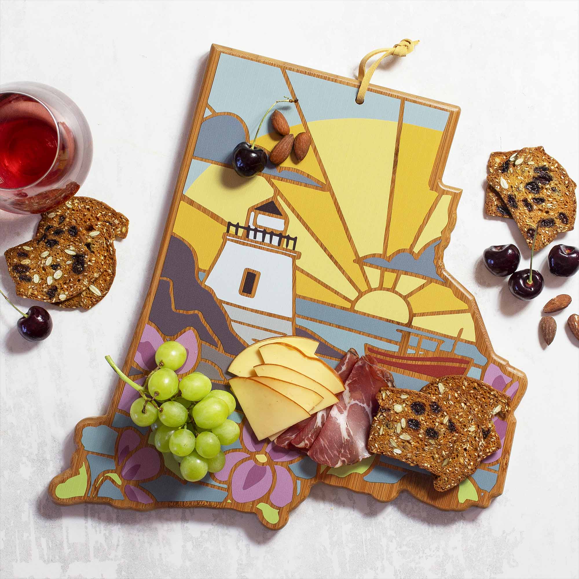 Angle. Totally Bamboo - Rhode Island Cutting Board with Artwork by Summer Stokes.