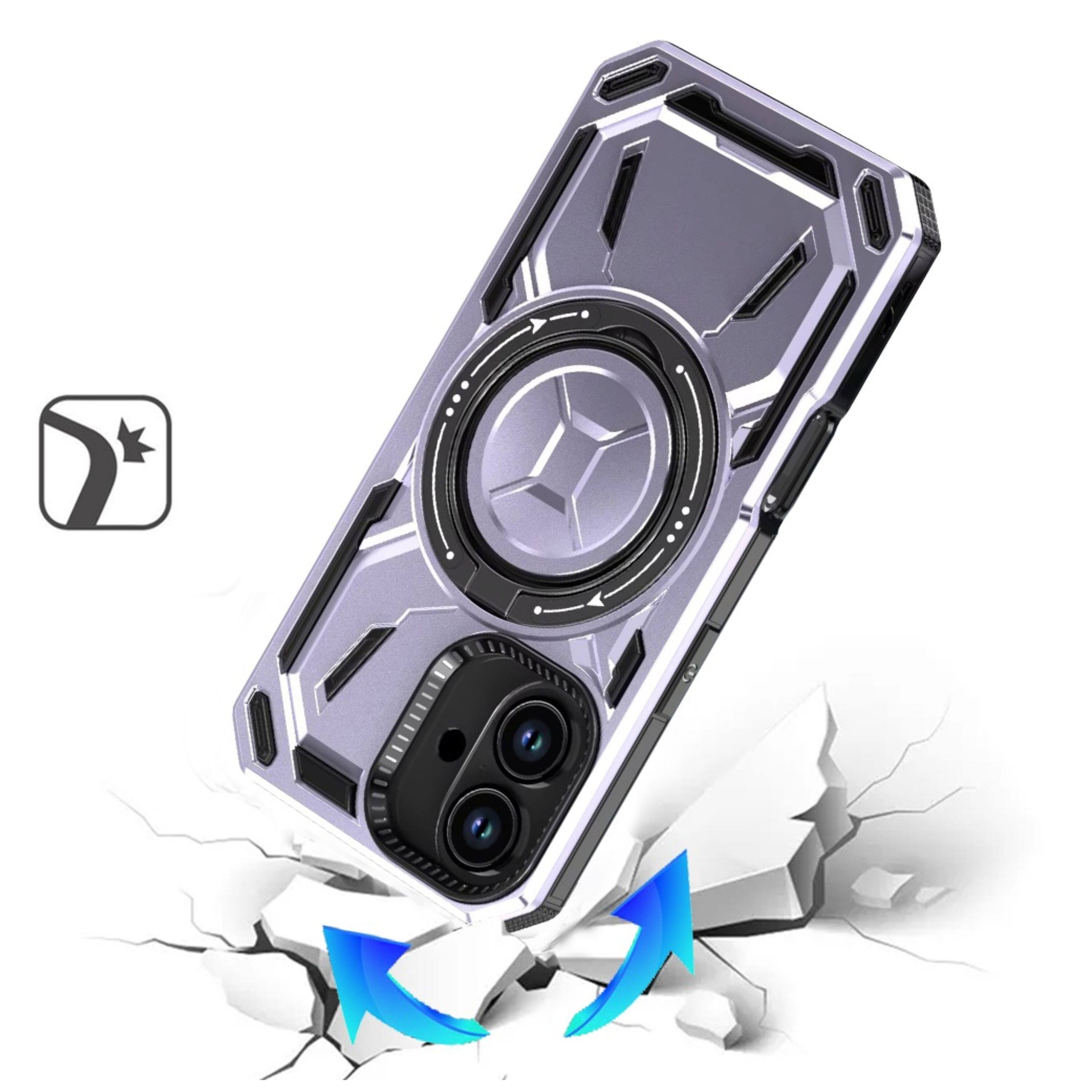 Angle. Kitcheniva - Shockproof Magnet Circle Metal Stand Phone Case With Tempered Glass For iPhone 16 Light Purple - Light Purple.