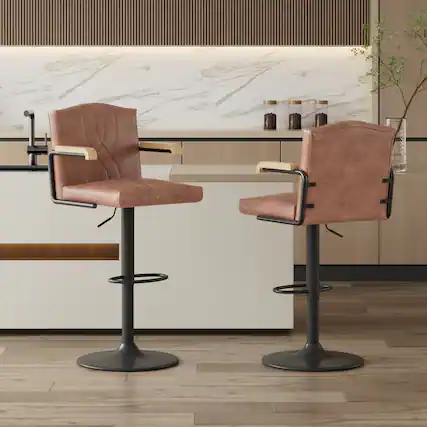 Front. Vecelo - Set of 2 PU Leather Bar Stool with Adjustable Height - Brown Swivel Bar Stool with Footrest - Brown.