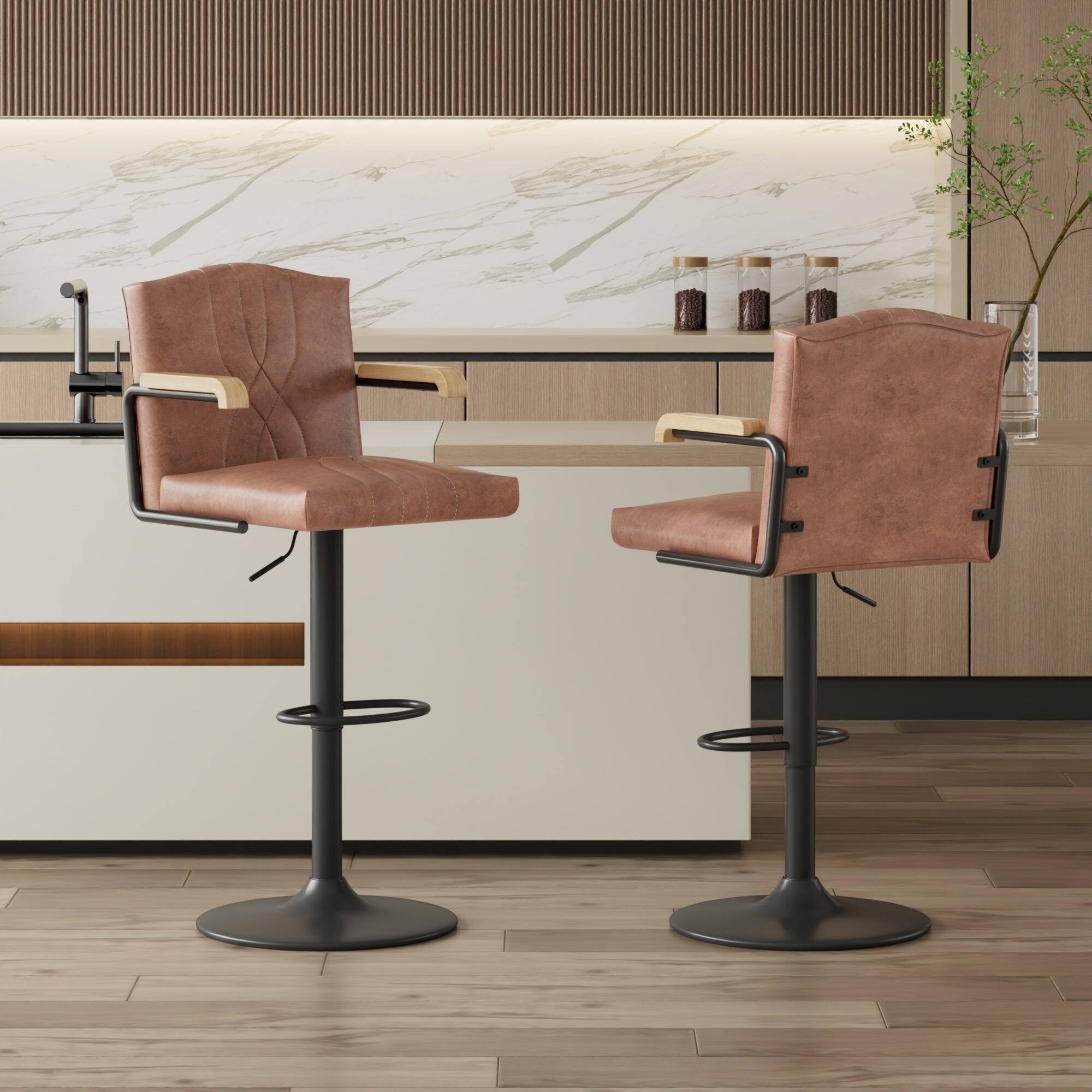 Vecelo - Set of 2 PU Leather Bar Stool with Adjustable Height - Swivel Bar Stool with Footrest - Brown