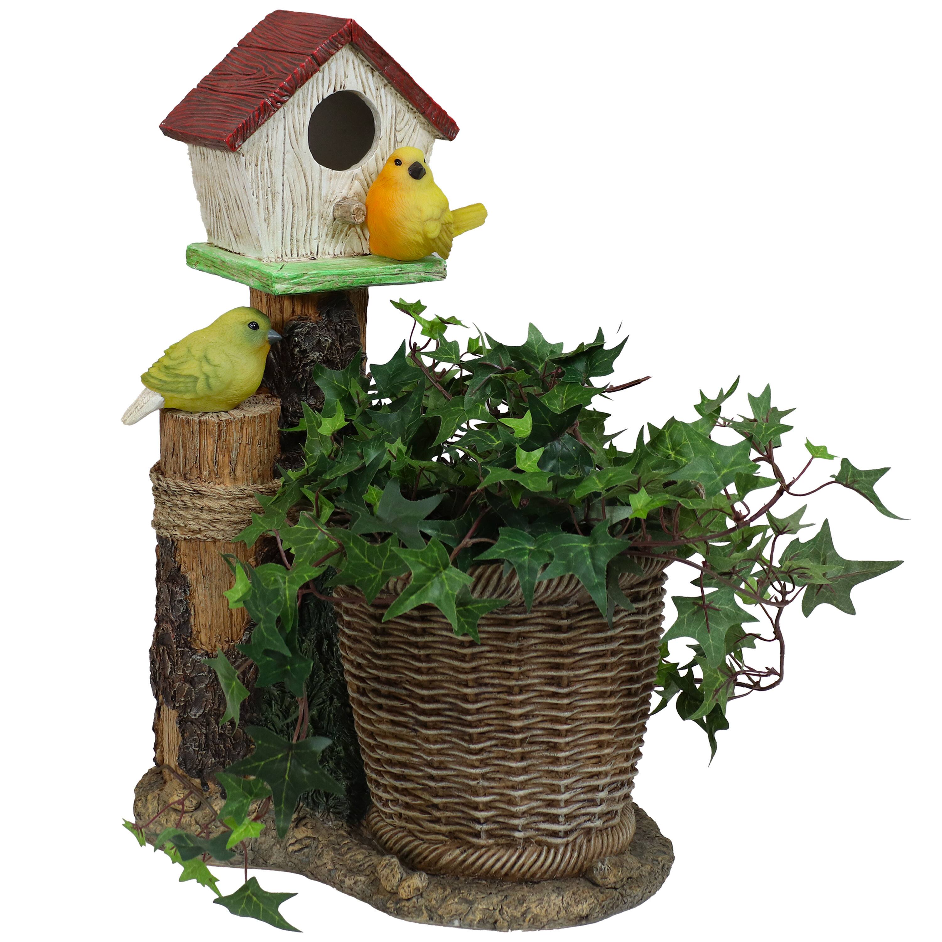 Alt View 3. Sunnydaze - Polyresin Bird House Planter Statue with Solar Lighted Birds - Brown.