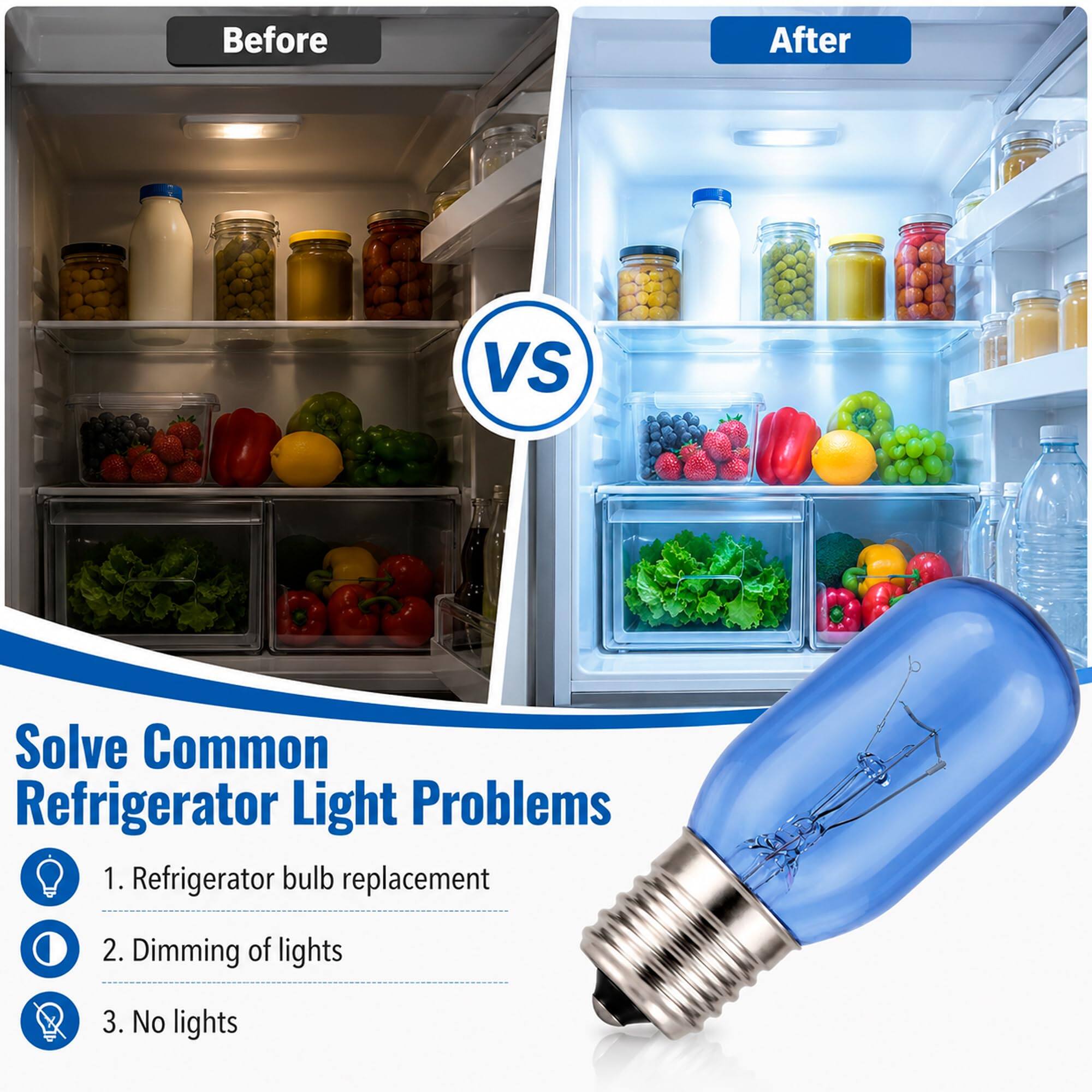Before
After
VS
Solve Common Refrigerator Light Problems
1. Refrigerator bulb replacement
2. Dimming of lights
3. No lights