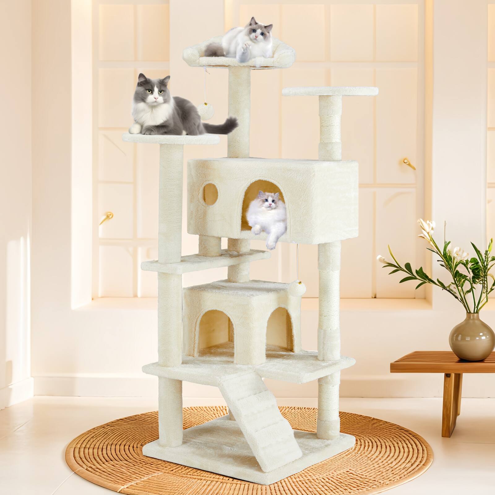 Front. AENKYO - 54" Cat Tree Tower Pet House Large Multi-Cat Climbing with Cat Scratching Post Condo for Indoor - Beige.