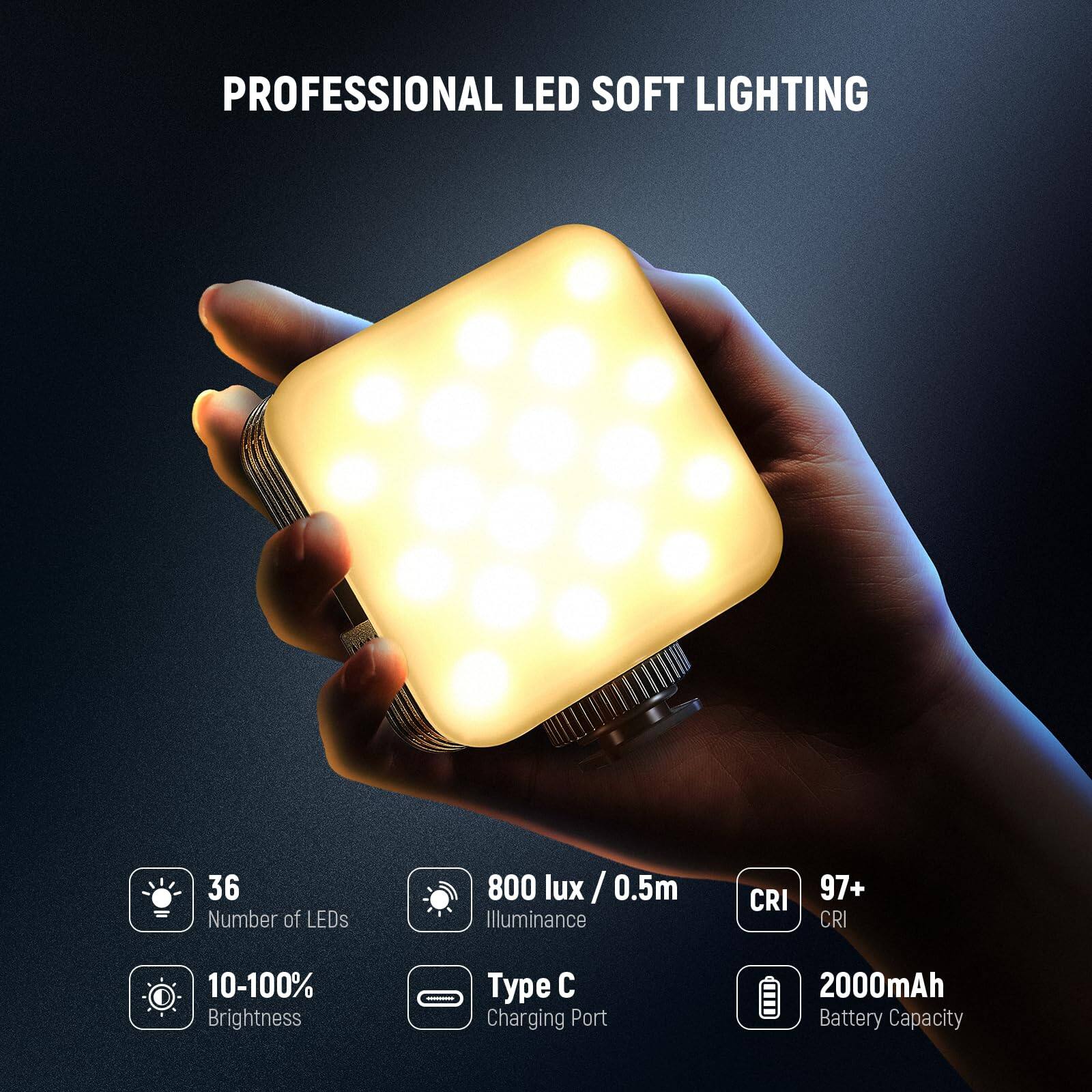 PROFESSIONAL LED SOFT LIGHTING

- Number of LEDs: 36
- Illuminance: 800 lux / 0.5m
- CRI: 97+
- Brightness: 10-100%
- Type C Charging Port
- Battery Capacity: 2000mAh