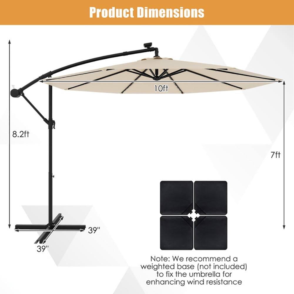 Product Dimensions: 10ft, 8.2ft, 7ft, 39", 39"

Note: We recommend a weighted base (not included) to fix the umbrella for enhancing wind resistance.