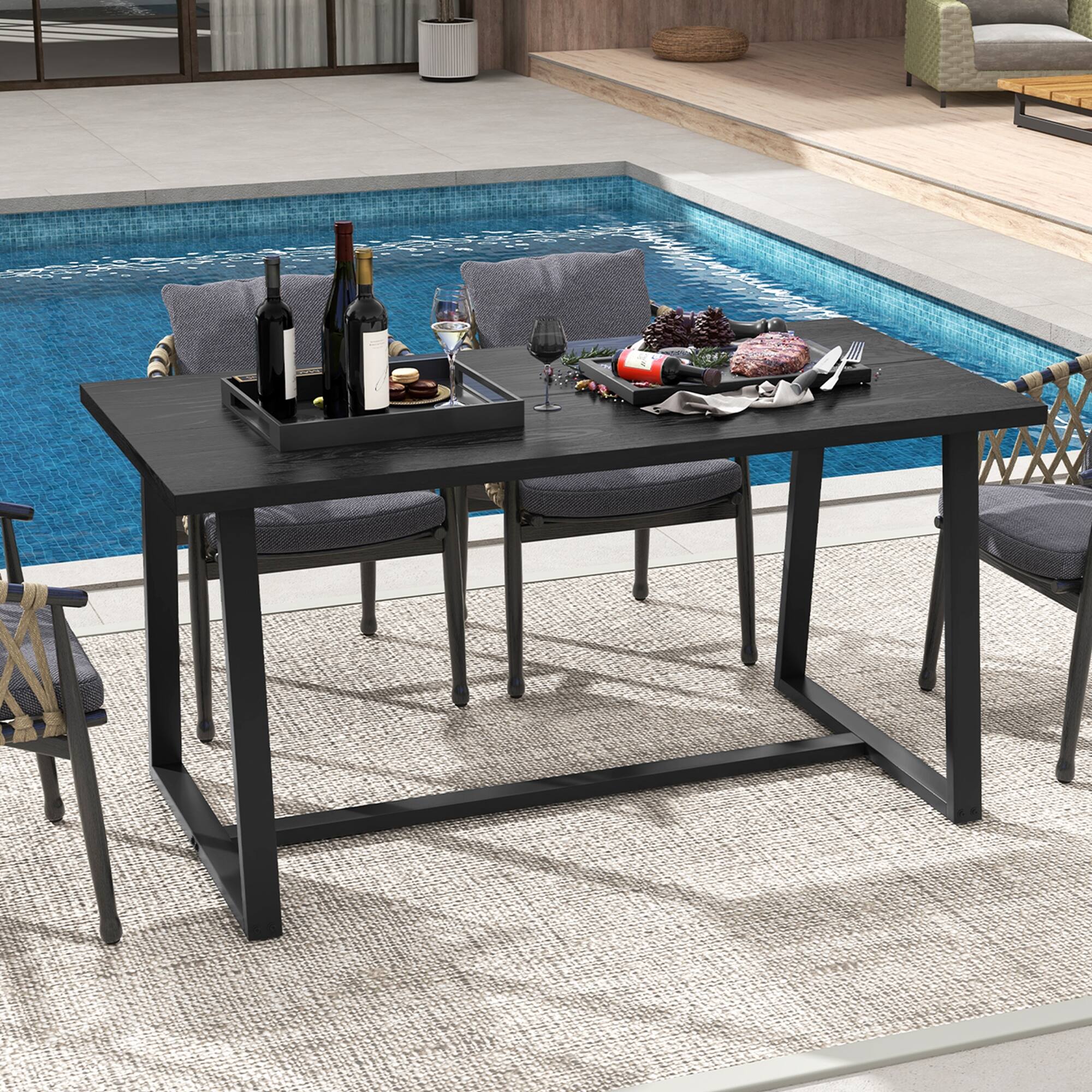 Back. Costway - 63" Large Dining Table for 4-6 People with Heavy-duty Metal Frame Modern - Black.