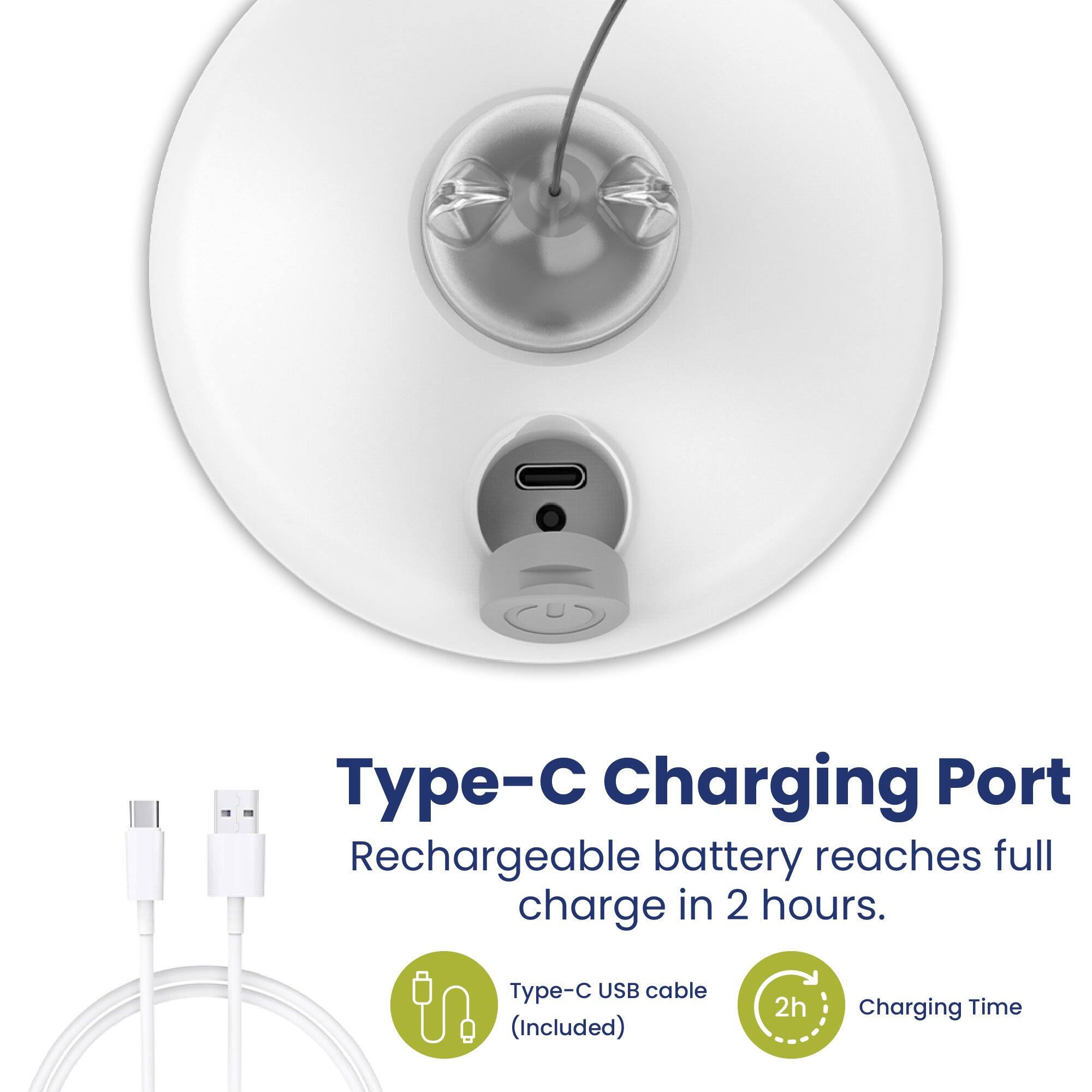 Type-C Charging Port  
Rechargeable battery reaches full charge in 2 hours.  
Type-C USB cable (Included)  
2h  
Charging Time
