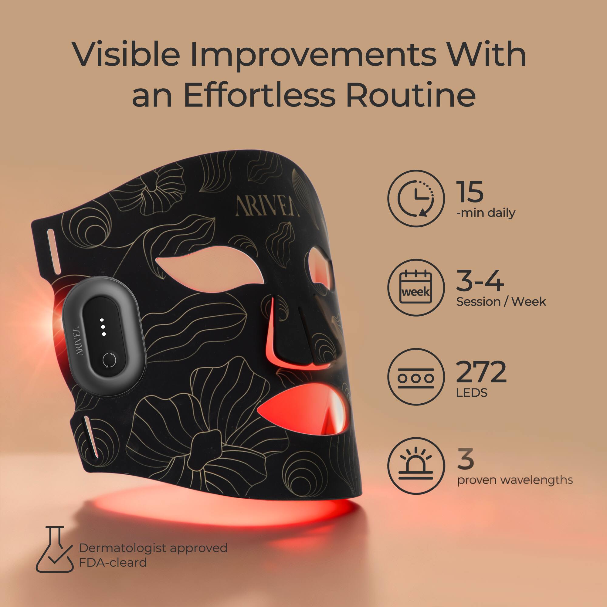 Visible Improvements With an Effortless Routine

- 15 min daily
- 3-4 Session / Week
- 272 LEDs
- 3 proven wavelengths
- Dermatologist approved
- FDA-cleared